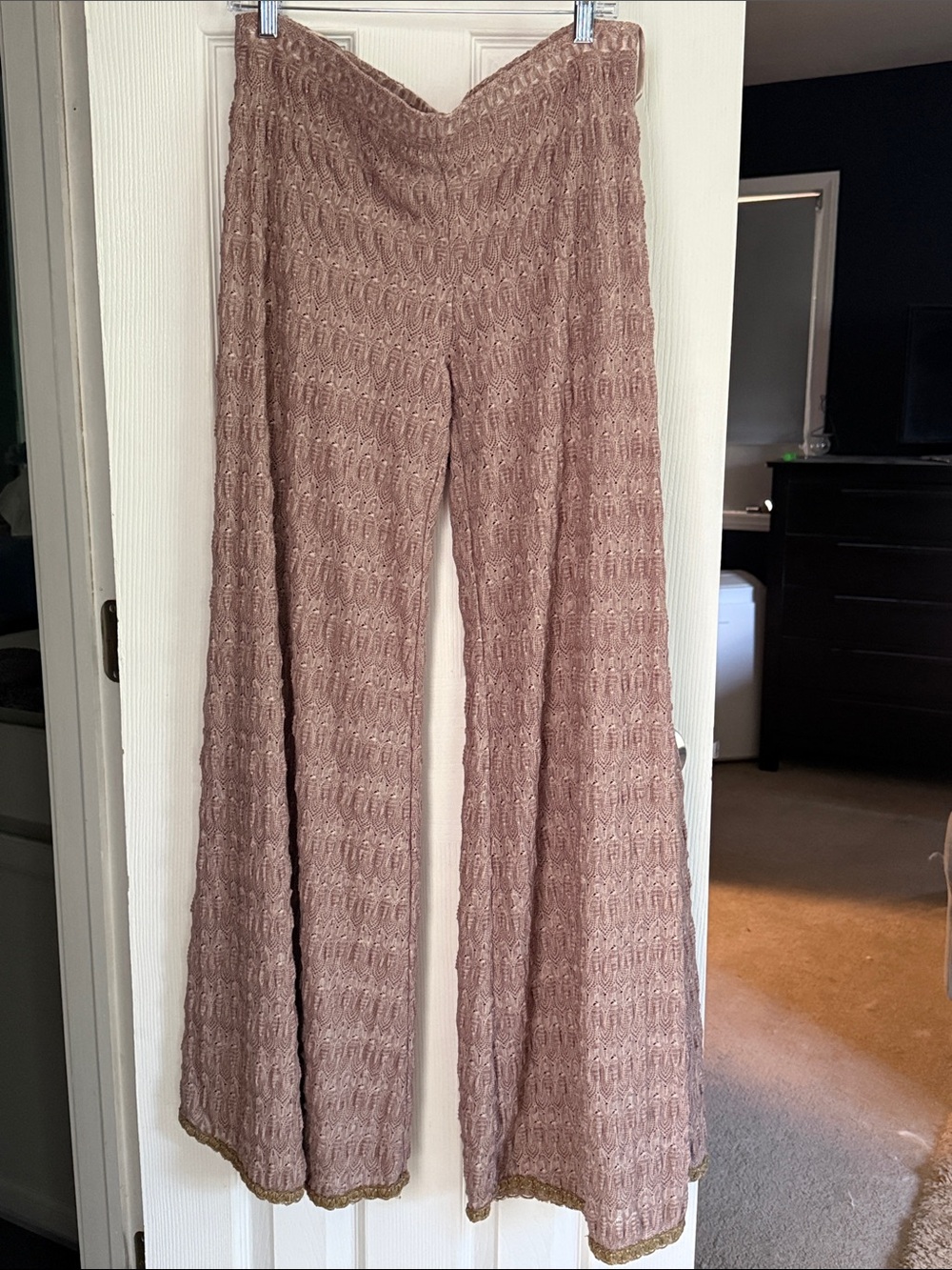 Free People Wide-Leg Knit Pants in Dusty Mauve with Gold Trim